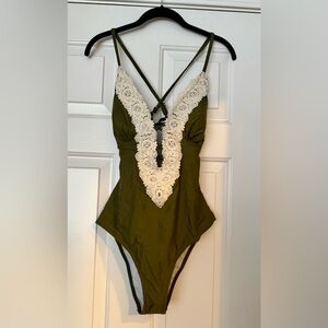 Cupshe Green One Piece with Cream Crochet